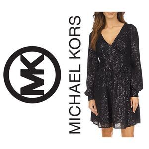 🖤✨ MICHAEL KORS Black Sequin Stripe Long Sleeve V-Neck Dress SIZE M $195 NWT